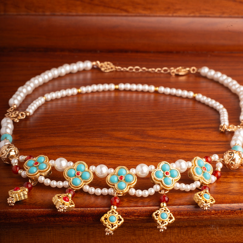 Cloisonné Tibetan Pearl Tassel Necklace with Gold Accents