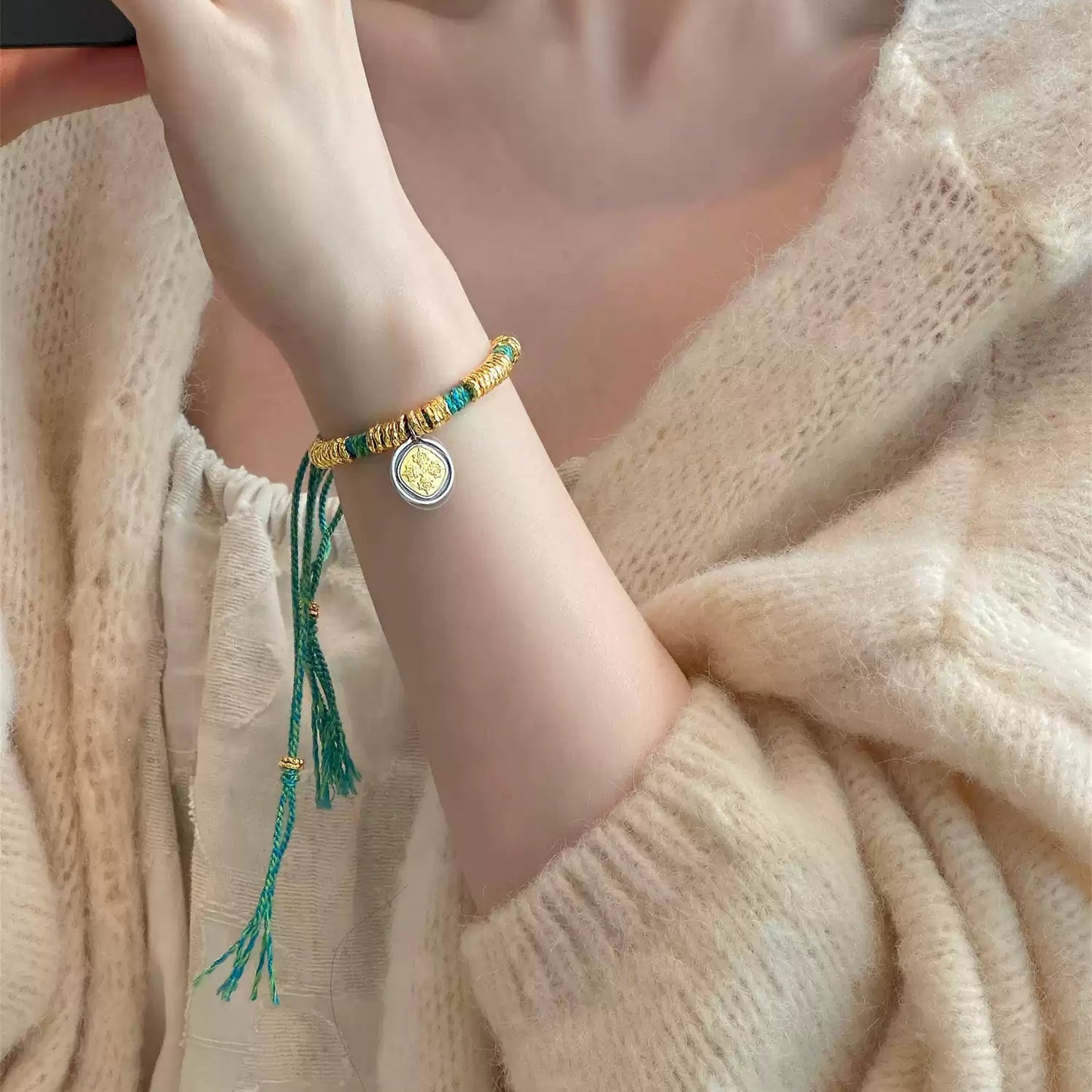 Vajra Knot Bracelet with 24K Gold-Plated S925 Silver & Woven Cord
