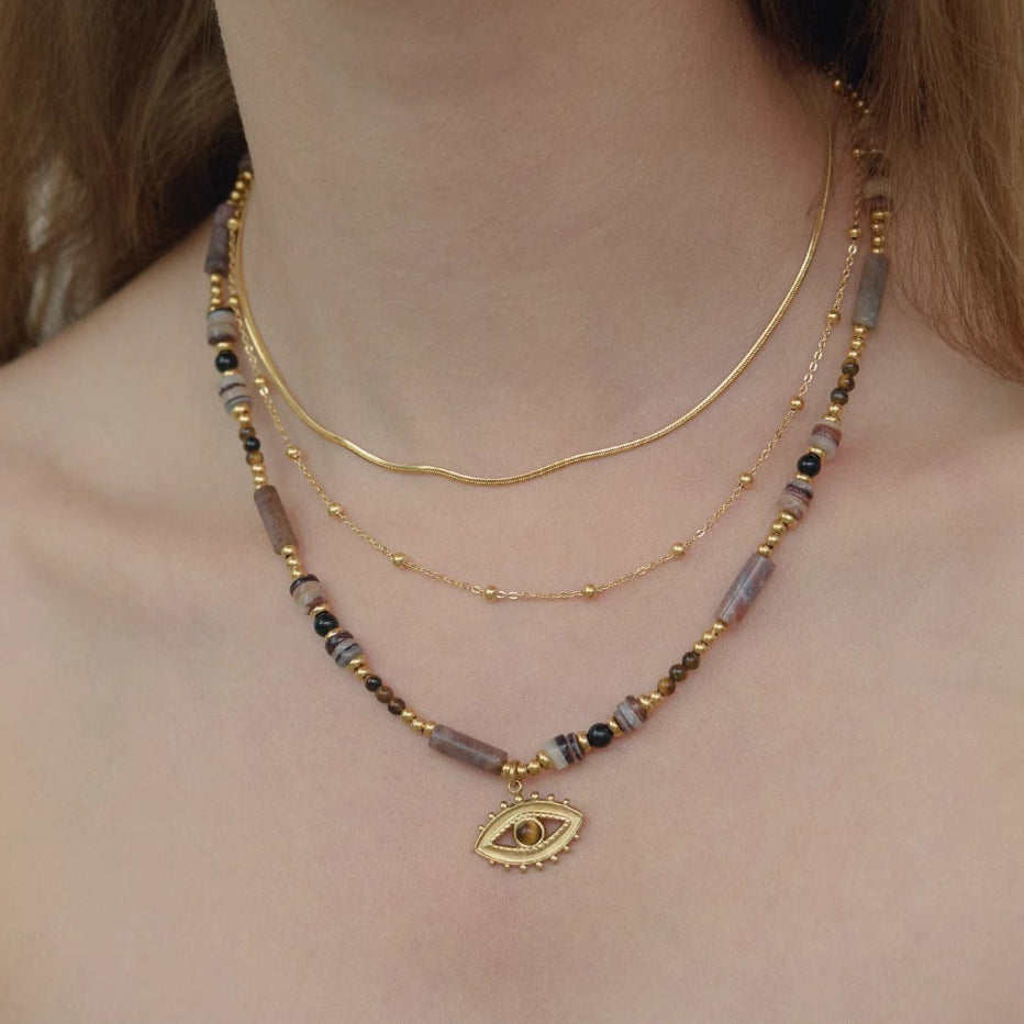 Radiant Grain® Tiger Eye Stone Seed Bead Necklace with Eye Pendant
