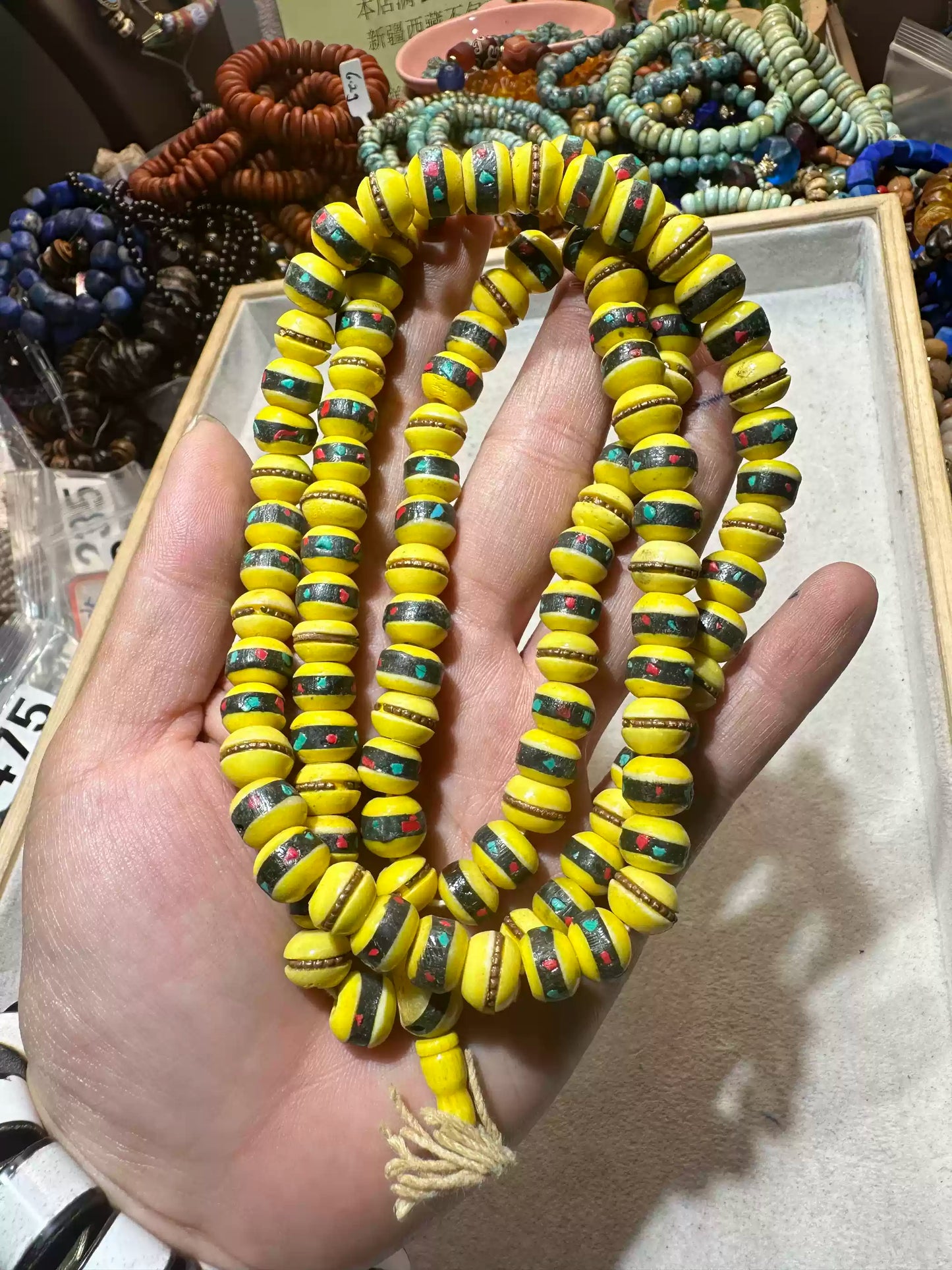 Veins of the Earth® Antique Ox Bone 108 Beads Mala with Copper Inlay
