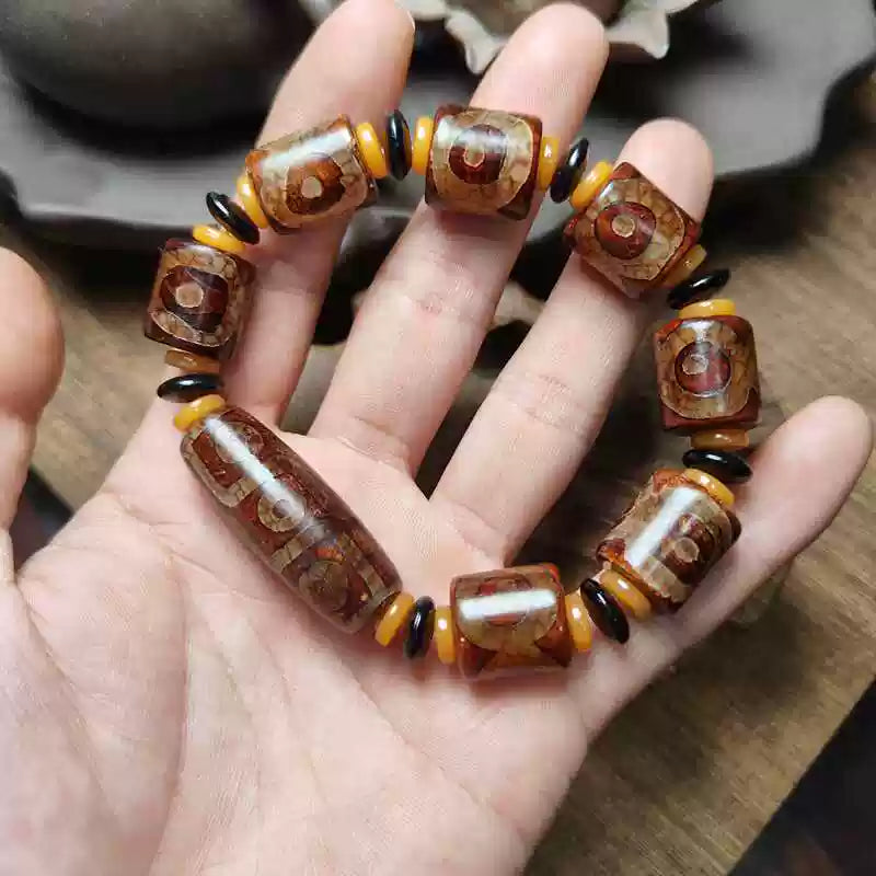 Natural Agate Tibetan Dzi Bead Bracelet – Three & Nine-Eyed Design