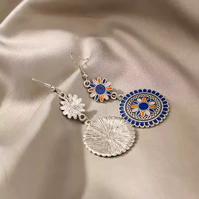 Tibetan Sunflower Drop Earrings – Silver-Plated Enamel Design