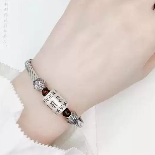 Tibetan Silver Mantra Bracelet with Woven Cord & Lotus Accents