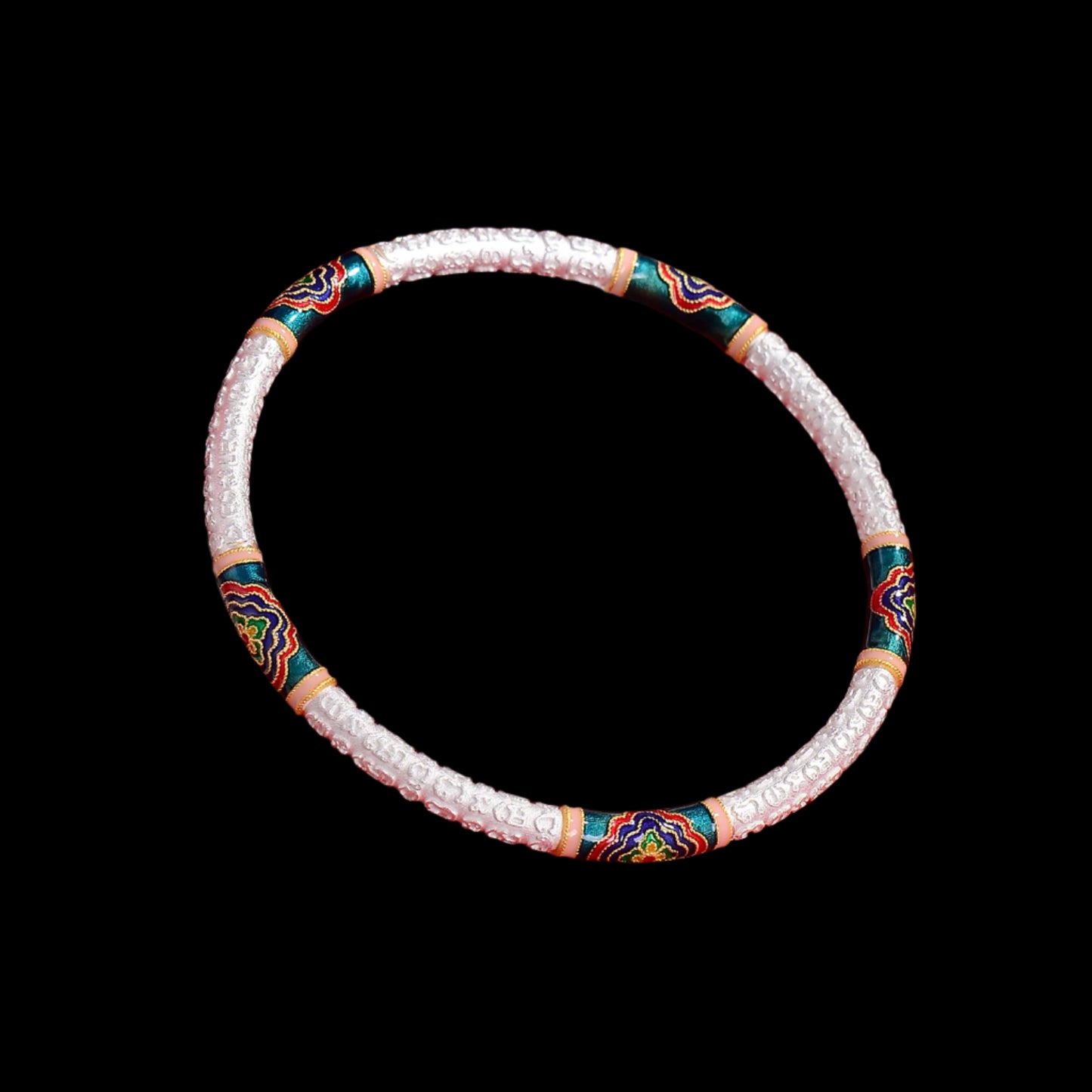 Sterling Silver Cloisonné Flower Bracelet with 5 Buddhist Scriptures