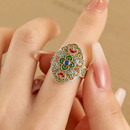 Garden of Empresses® 999 Silver Cloisonné Ring with Enamel Bloom