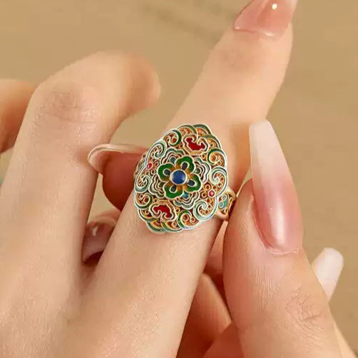 Garden of Empresses® 999 Silver Cloisonné Ring with Enamel Bloom