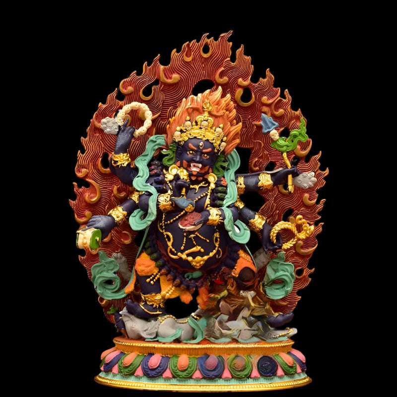 Mahakala Six-Armed Statue – Tibetan Buddhist Protector Figure with Copper and Hand-Painted Detailing