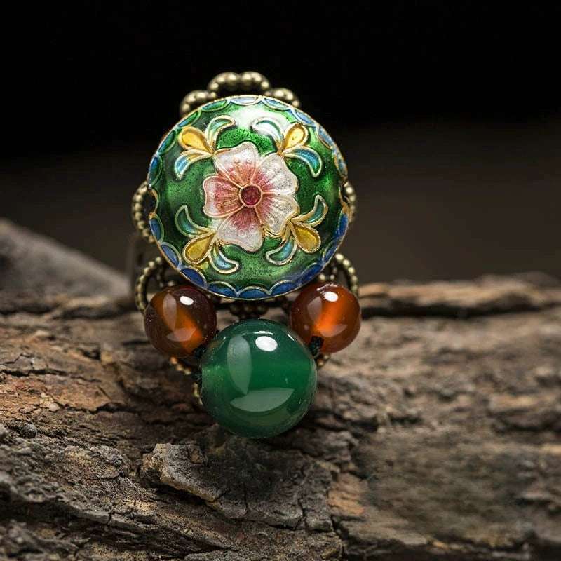 Vintage Cloisonné Floral Agate Ring