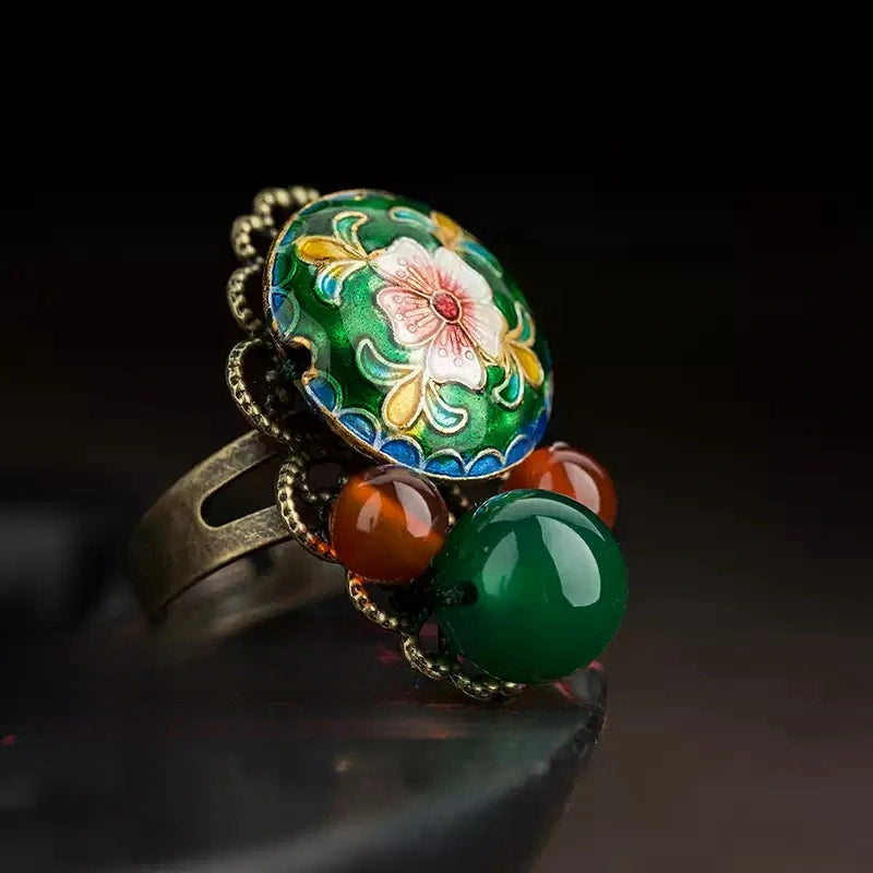 Vintage Cloisonné Floral Agate Ring