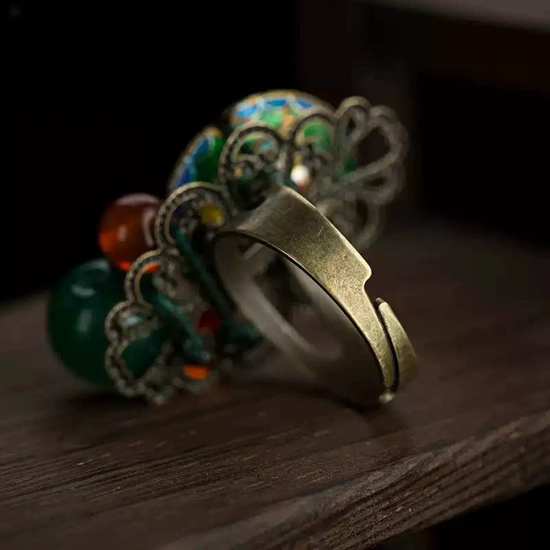 Vintage Cloisonné Floral Agate Ring