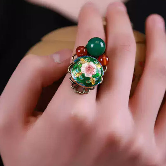Vintage Cloisonné Floral Agate Ring