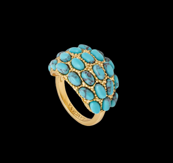 Sky Royal® Tibetan Gold Ring with Clustered Blue Turquoise Oval Beads