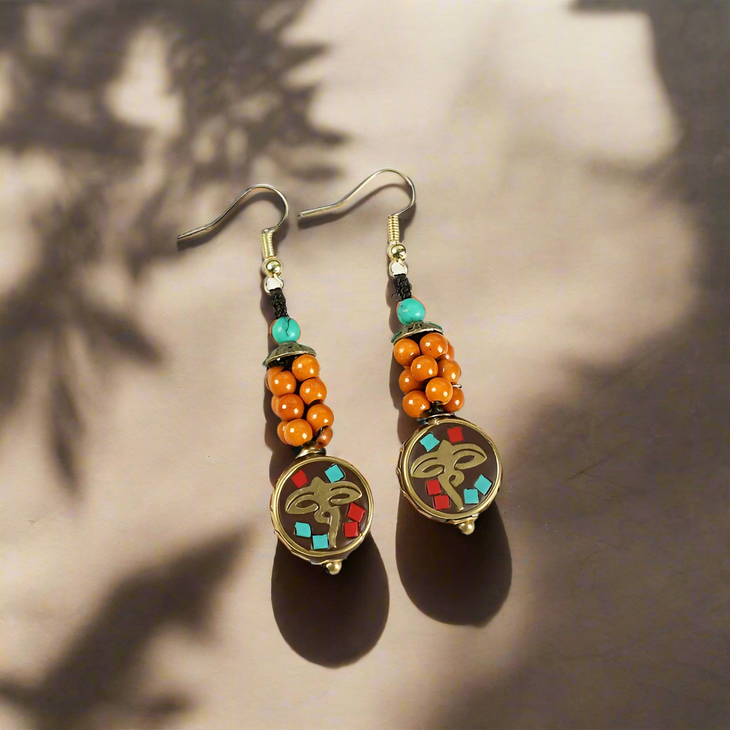 Sangye Circuit® Tibetan Lapis, Coral & Turquoise Stack Drop Earrings