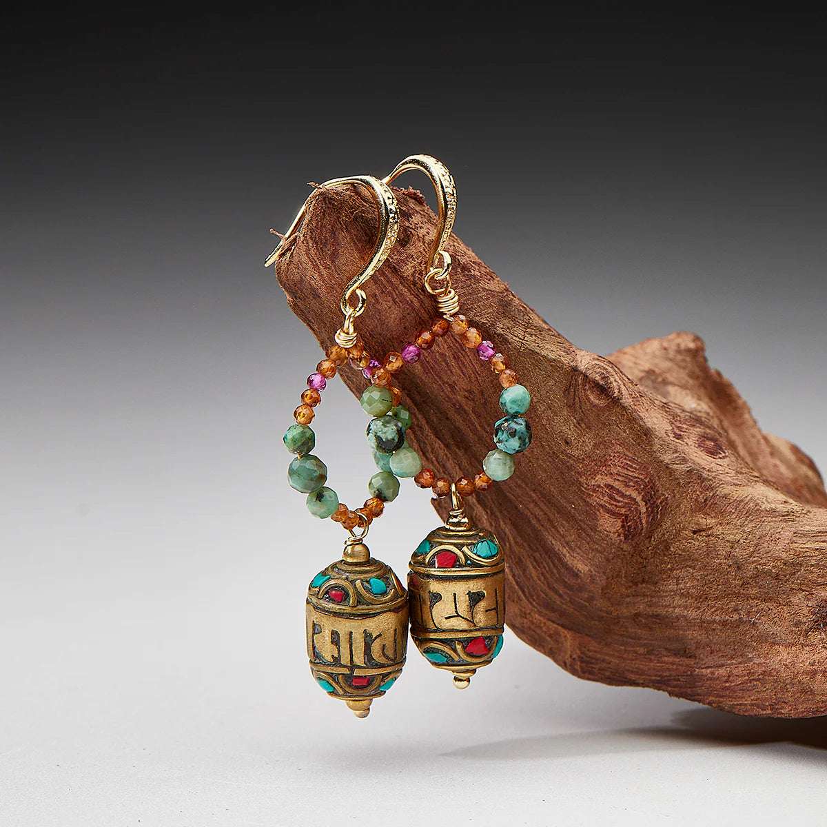 Tibetan Glass Bead Earrings – Handcrafted Spiritual Jewelry with Turquoise and Amber Accents