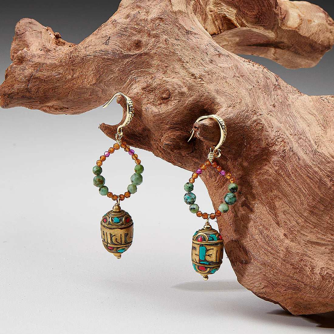 Tibetan Glass Bead Earrings – Handcrafted Spiritual Jewelry with Turquoise and Amber Accents