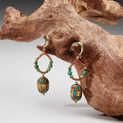 Tibetan Glass Bead Earrings – Handcrafted Spiritual Jewelry with Turquoise and Amber Accents