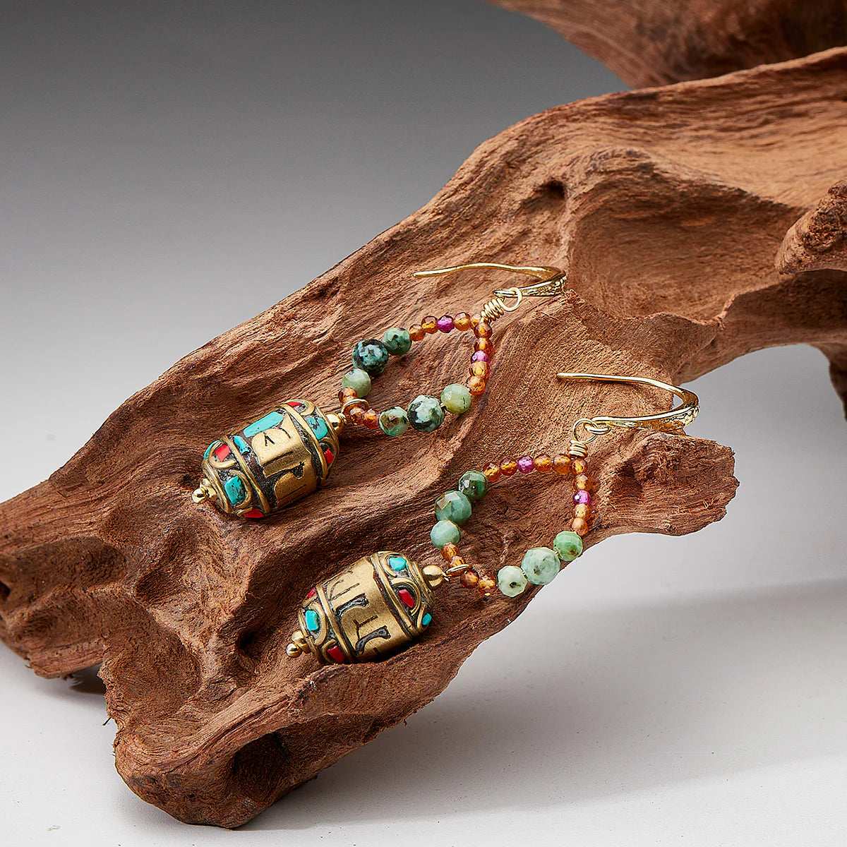 Tibetan Glass Bead Earrings – Handcrafted Spiritual Jewelry with Turquoise and Amber Accents