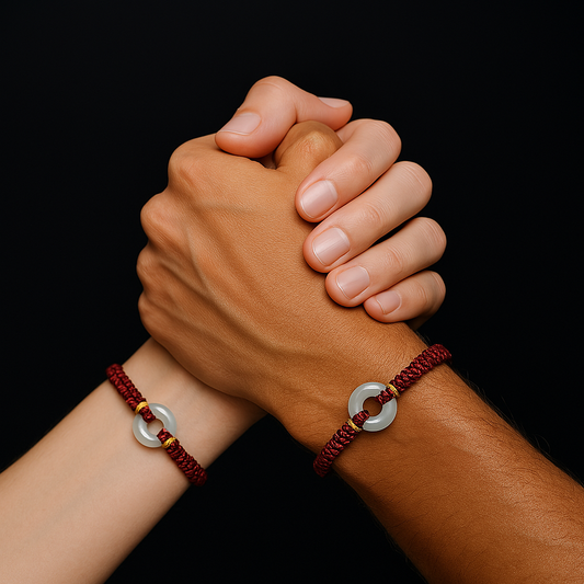 Hand-Knotted Red Cord Bracelet with Hetian Jade Peace Amulet
