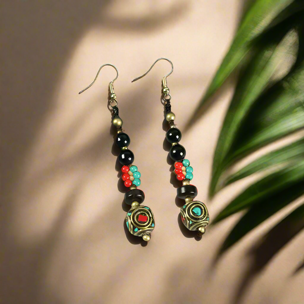 Sangye Circuit® Tibetan Turquoise & Coral Long Earrings with Brass Beads