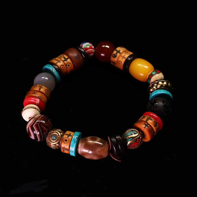 Tibetan Dzi, Sardonyx, Yak Bone & Copper Bead Mala Bracelet