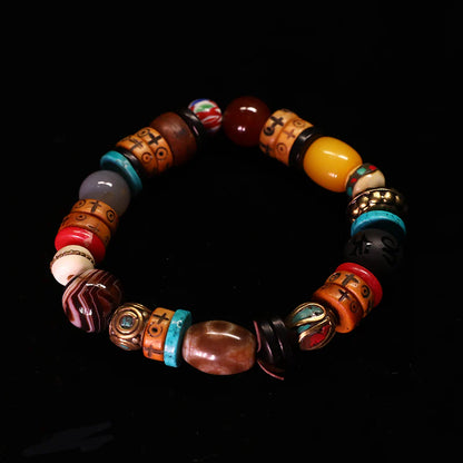 Tibetan Dzi, Sardonyx, Yak Bone & Copper Bead Mala Bracelet