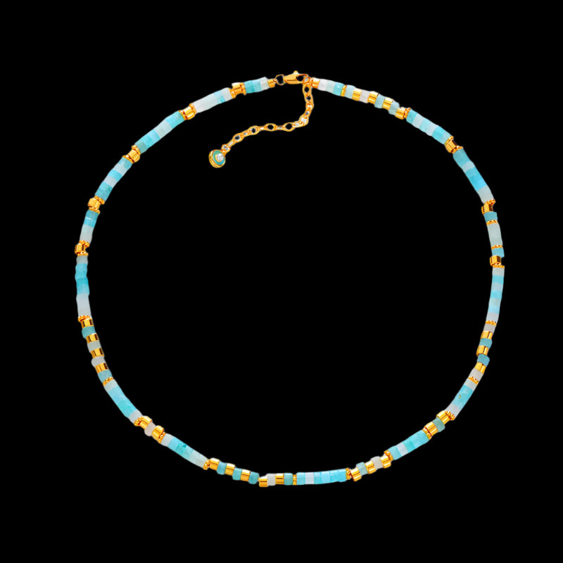 Handmade Aquamarine Small Bead Necklace with Gold Accents