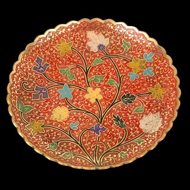 Tibetan Brass Decorative Plate - Hand-Painted Enamel with Lotus & Mandala Designs