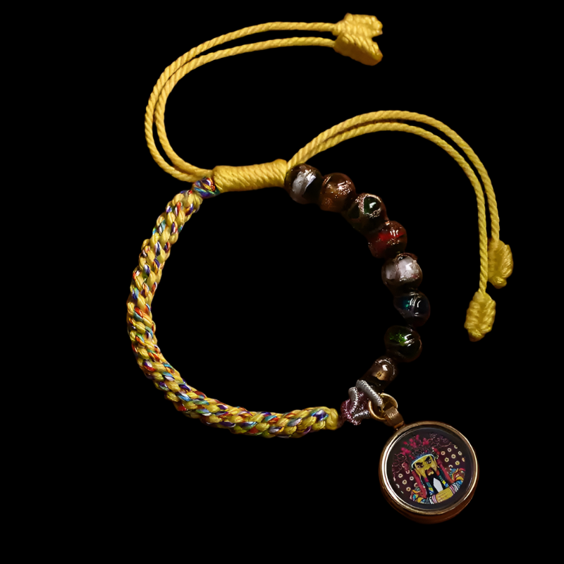 Braids of the Sacred® Tibetan Handwoven Cotton Cord Bracelet with Thangka and Incense Ash Glass Beads