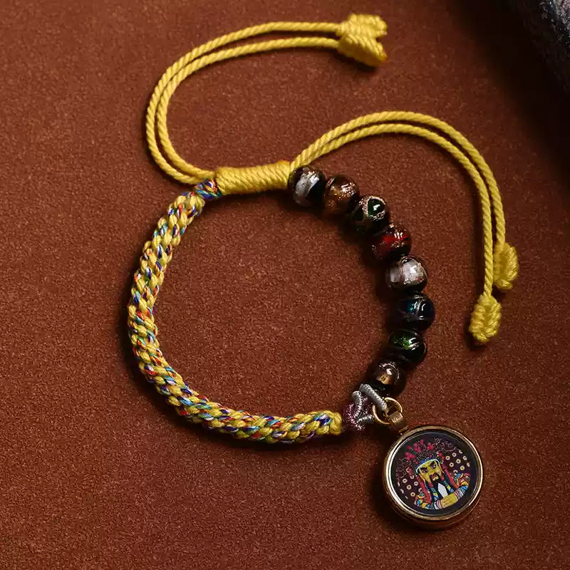 Braids of the Sacred® Tibetan Handwoven Cotton Cord Bracelet with Thangka and Incense Ash Glass Beads
