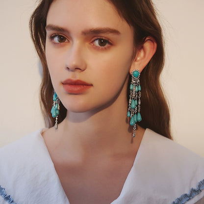 Tibetan Turquoise Tassel Earrings with Silver Chains