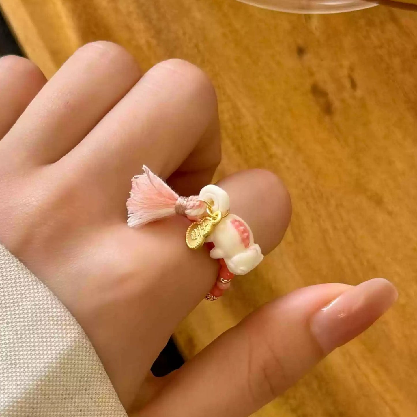 Funky Punky® Pink Bamboo Coral Ring with Carved Bone Lizard Charm