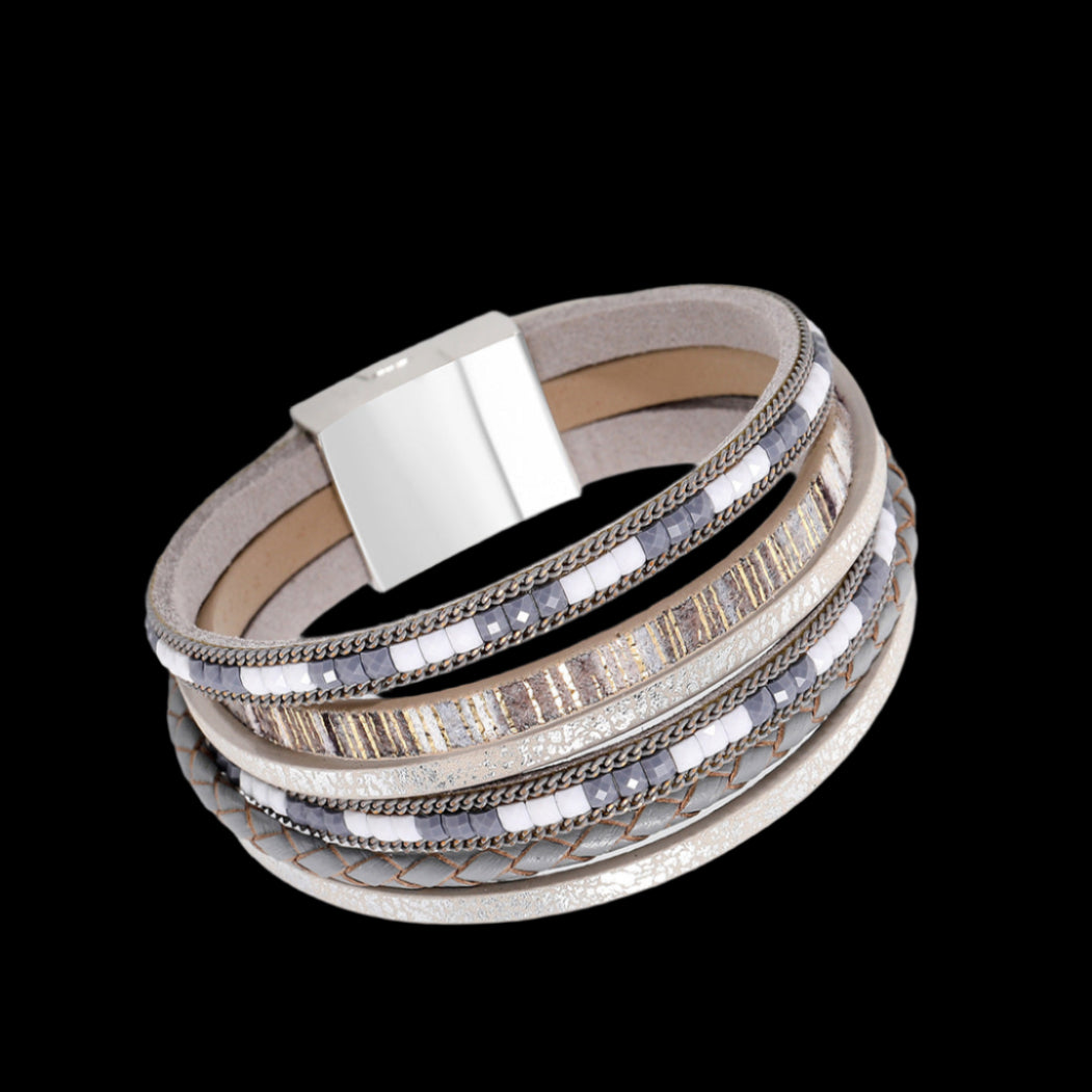 Bohemian Woven Leather Wrap Bracelet with Magnetic Clasp