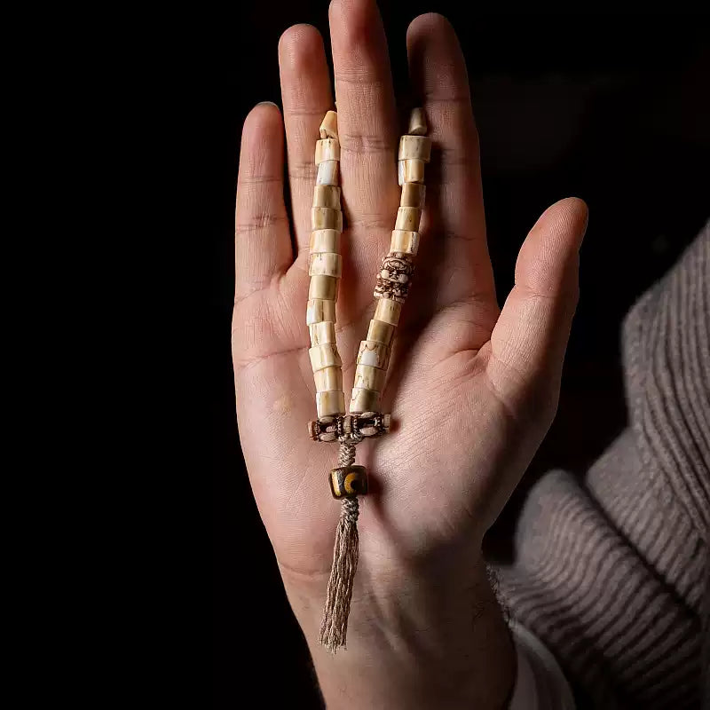 Tibetan Antler and Yak Bone Wrist Mala with Dzi Bead