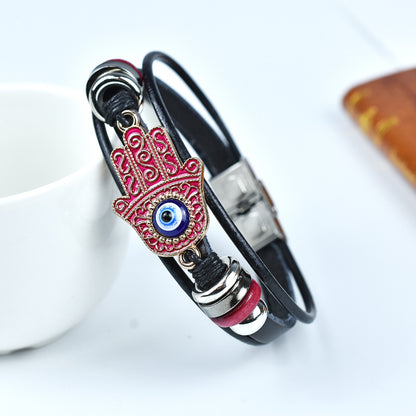 Leather Evil Eye Bracelet with Hamsa Hand – Adjustable Protection