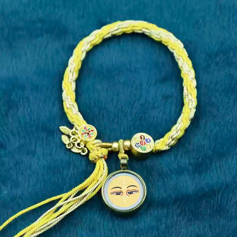 Hand-Painted Tibetan Thangka Zha Ki Ram Bracelet with Green Tara and Five Buddhas