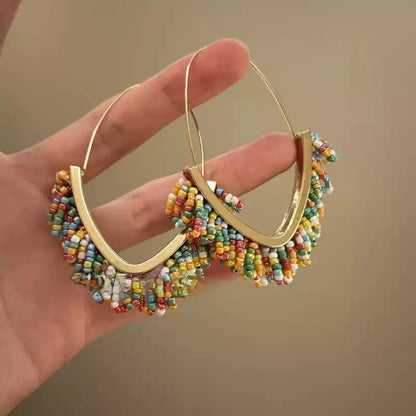 Boho Hoop Earrings with Multicolor Beaded Fringe and Gold Accent