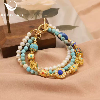 Tibetan Cloisonné & Turquoise Bracelet with Pearls & Gold Charms