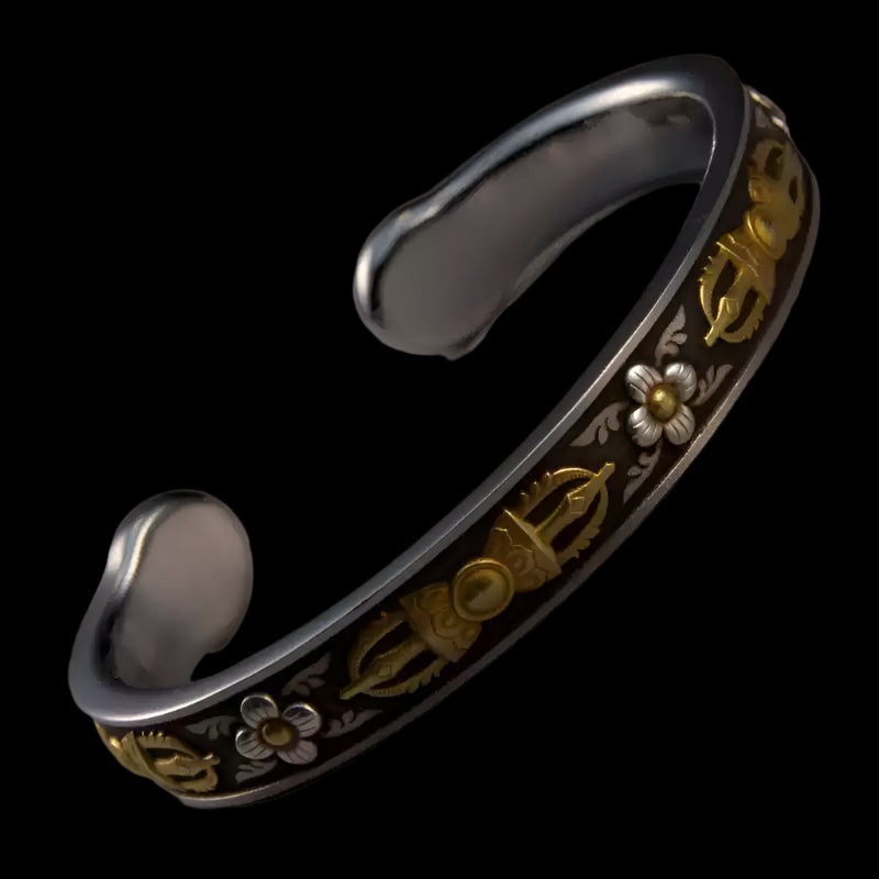 Tibetan Vajra Cuff Bracelet in Silver-Plated Copper with Inlay