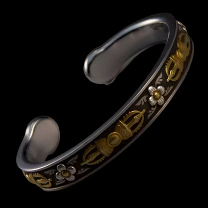 Tibetan Vajra Cuff Bracelet in Silver-Plated Copper with Inlay