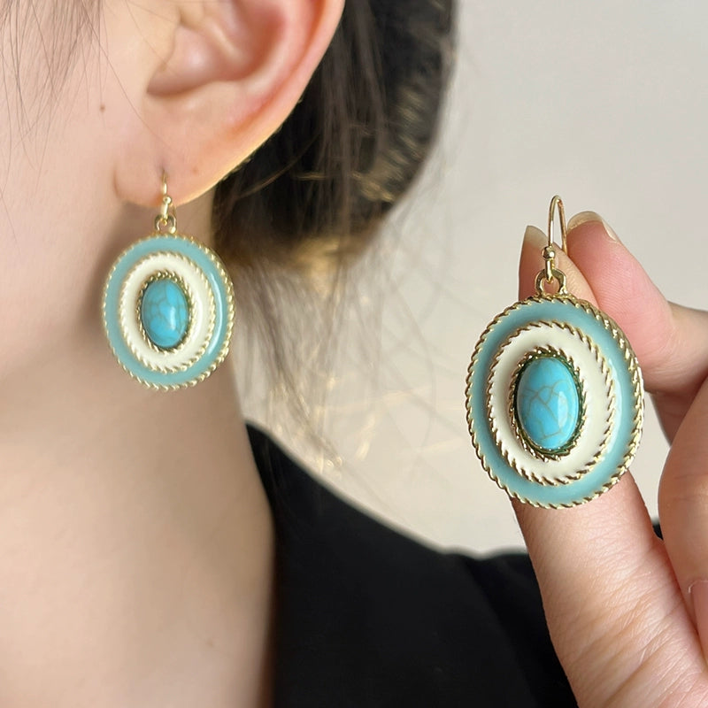 Vintage Enamel Earrings with Oval Turquoise Center and Gold Detailing