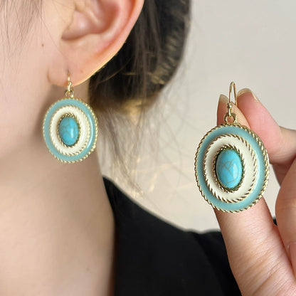 Vintage Enamel Earrings with Oval Turquoise Center and Gold Detailing