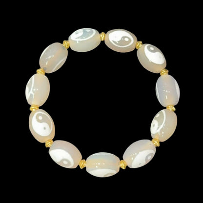 White Omen® Tibetan White Agate Dzi Bead Bracelet with Taiji