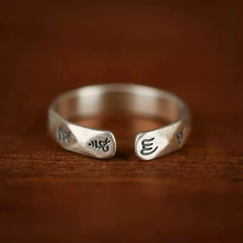 Tibetan Six-Word Mantra Open Ring in Aged Sterling Silver