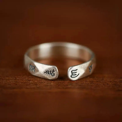 Tibetan Six-Word Mantra Open Ring in Aged Sterling Silver