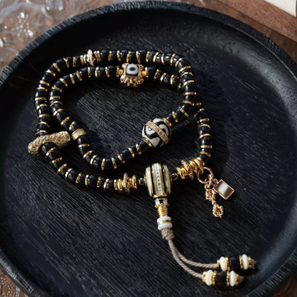 Tibetan Coconut Shell Double-Wrap Bracelet with Brass Accents