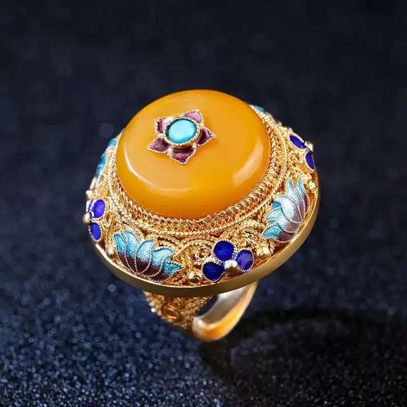 Heritage Handcrafted Silver Flower Silk Inlaid Yellow Amber S925 Silver Ring