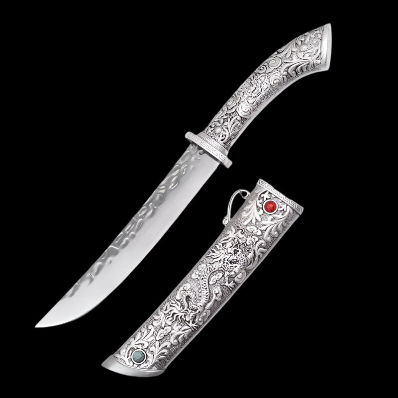 Tibetan Sacred Ritual Dagger with Dragon-Engraved Sheath and Gemstone Accents