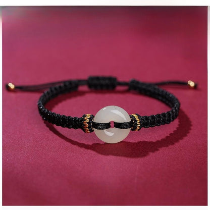 Hand-Knotted Red Cord Bracelet with Hetian Jade Peace Amulet