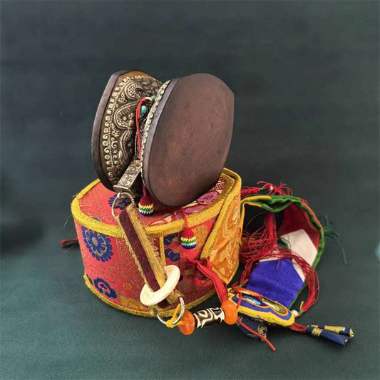 Handcrafted Ancient Style Gilded Square Drum – Sacred Tibetan Drum with Sheep Leather and Sandalwood Frame