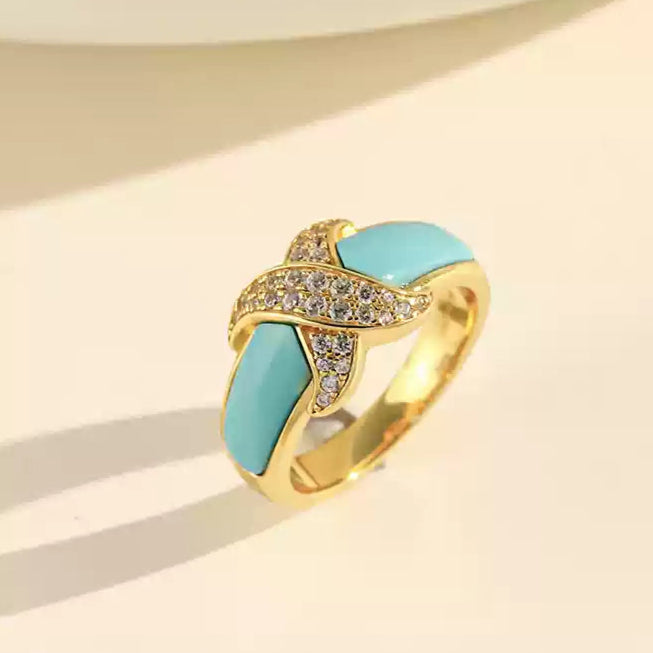 Turquoise Inlay Ring with Crystal Accents in Gold-Plated Silver